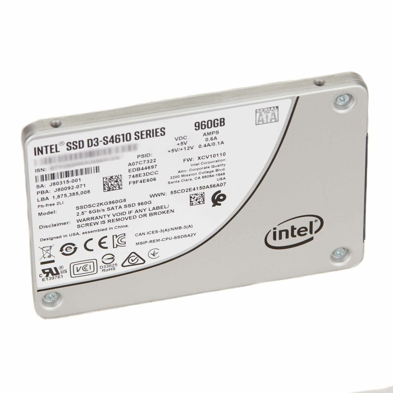 Intel® SSD DC S4610 Series, (960GB, 2.5in SATA 6Gb/s, 3D2, TLC 64-Layer)