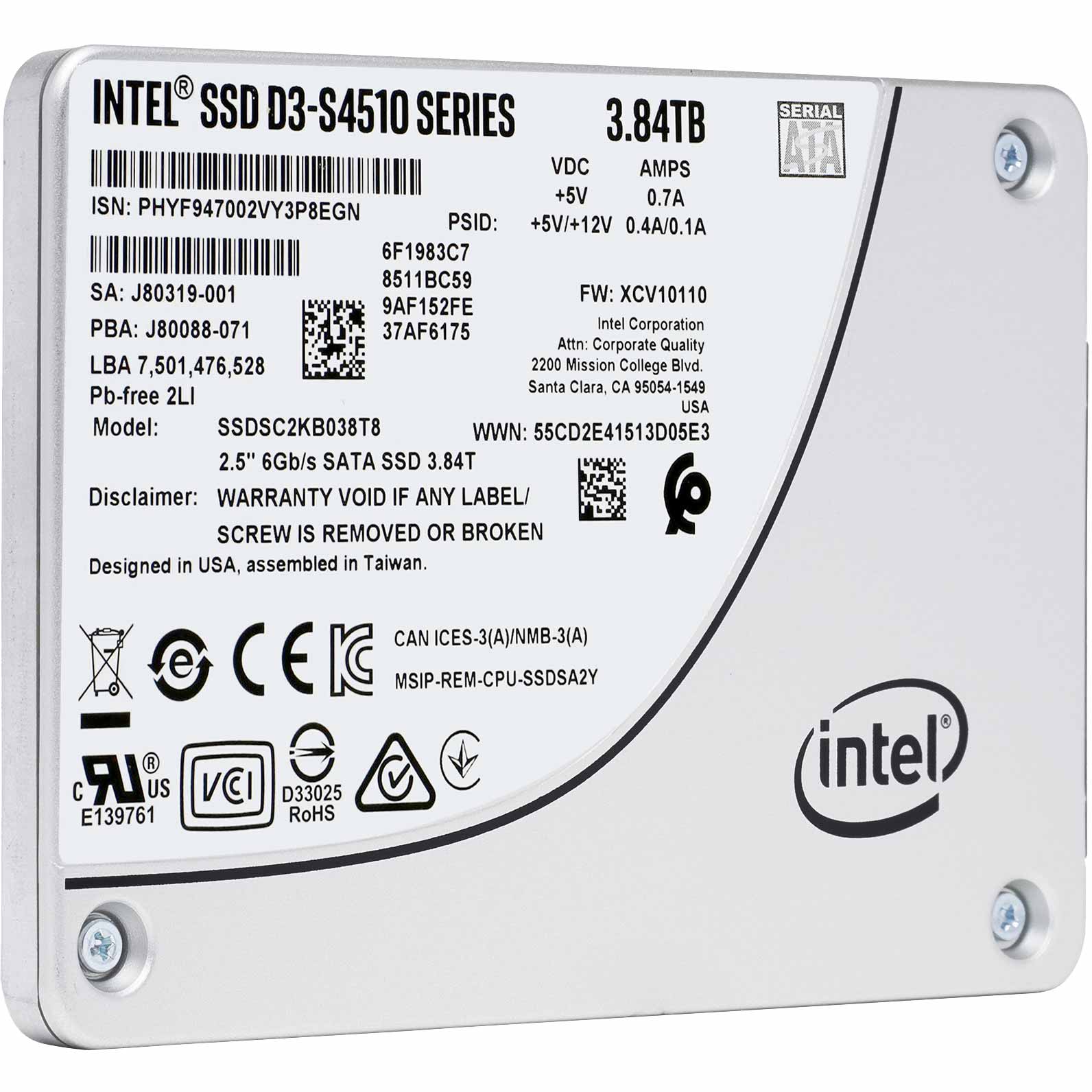 Intel® SSD DC S4510 Series, (3.8TB, 2.5in SATA 6Gb/s, 3D2, TLC, 64-Layer)
