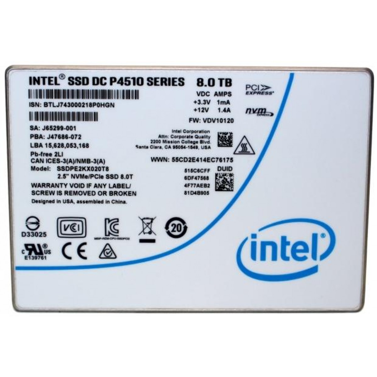 Intel® SSD DC P4510 Series (8.0TB, 2.5in PCIe 3.1 x4, NVMe 3D2, TLC)