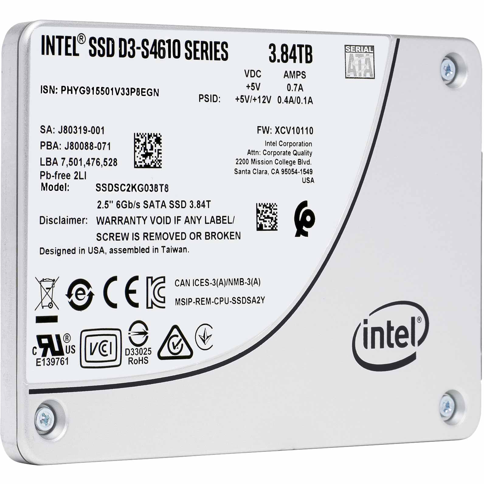 Intel® SSD DC S4610 Series, (3.8TB, 2.5in SATA 6Gb/s, 3D2, TLC 64-Layer)